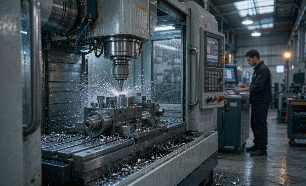 CNC 加工中心正在加工金属件
