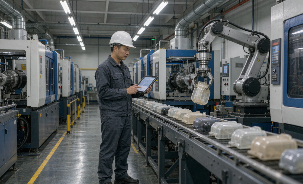 b2 20261028 industry body 1024x624 - 出口企业转型费用怎么算:三年期投入结构与优先级清单 - 燃坤数光出海实战 生产线旁的工程师正在核对设备与订单看板