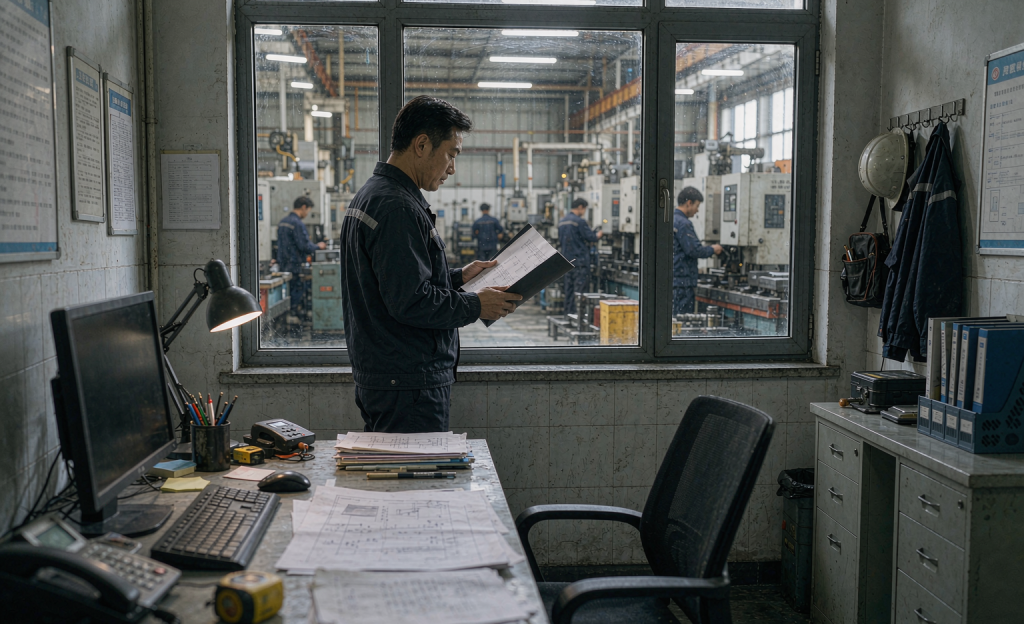 b2 20261028 industry cover 1024x624 - 出口企业转型费用怎么算:三年期投入结构与优先级清单 - 燃坤数光出海实战 工厂管理者在车间办公室查看转型规划报表